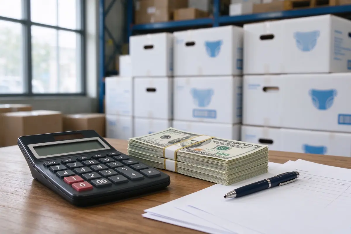 Calculator, US dollar notes and blank budget sheet on a warehouse desk beside diaper export cartons