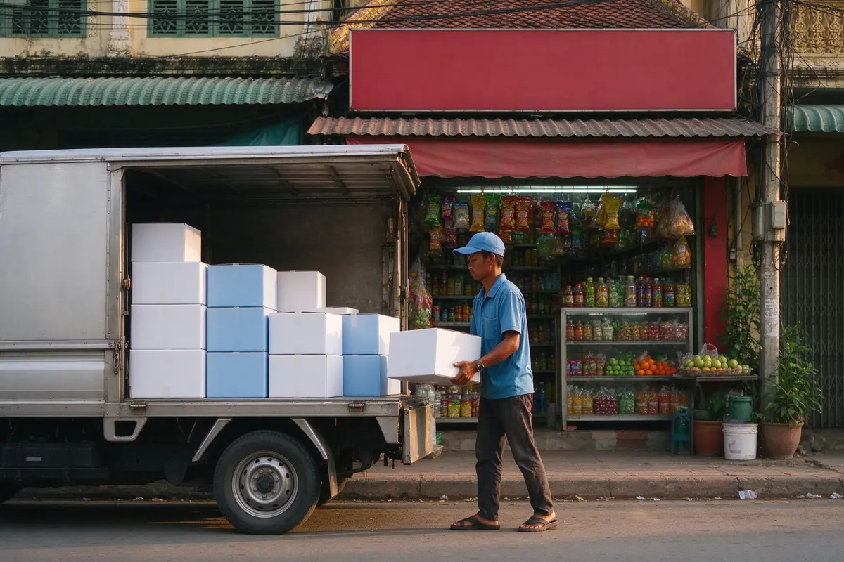 Delivery worker unloading plain cartons of baby diapers to a traditional neighborhood shop in Phnom Penh