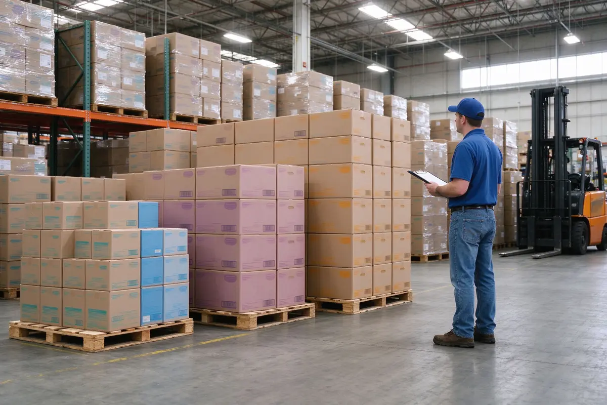 Warehouse pallets of diaper cartons grouped into color-coded size blocks during inventory count