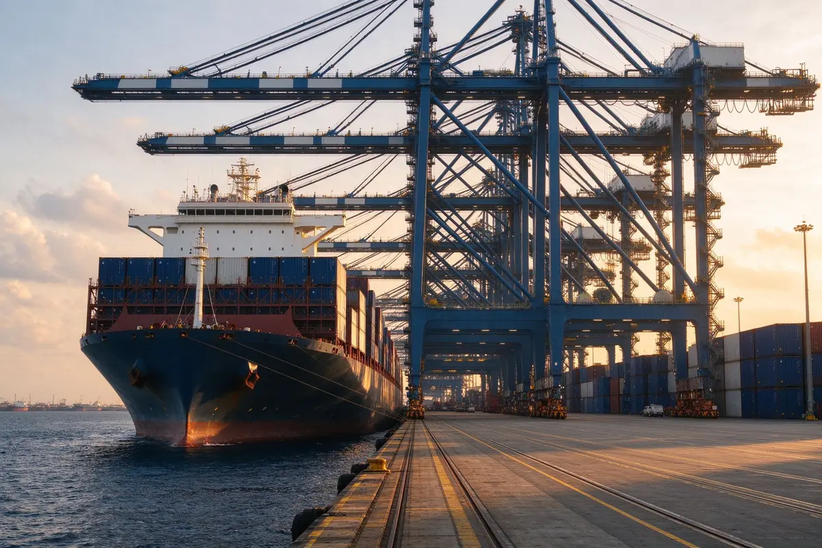 Container ship docked at a deep-sea port with stacked blue and white containers at golden hour