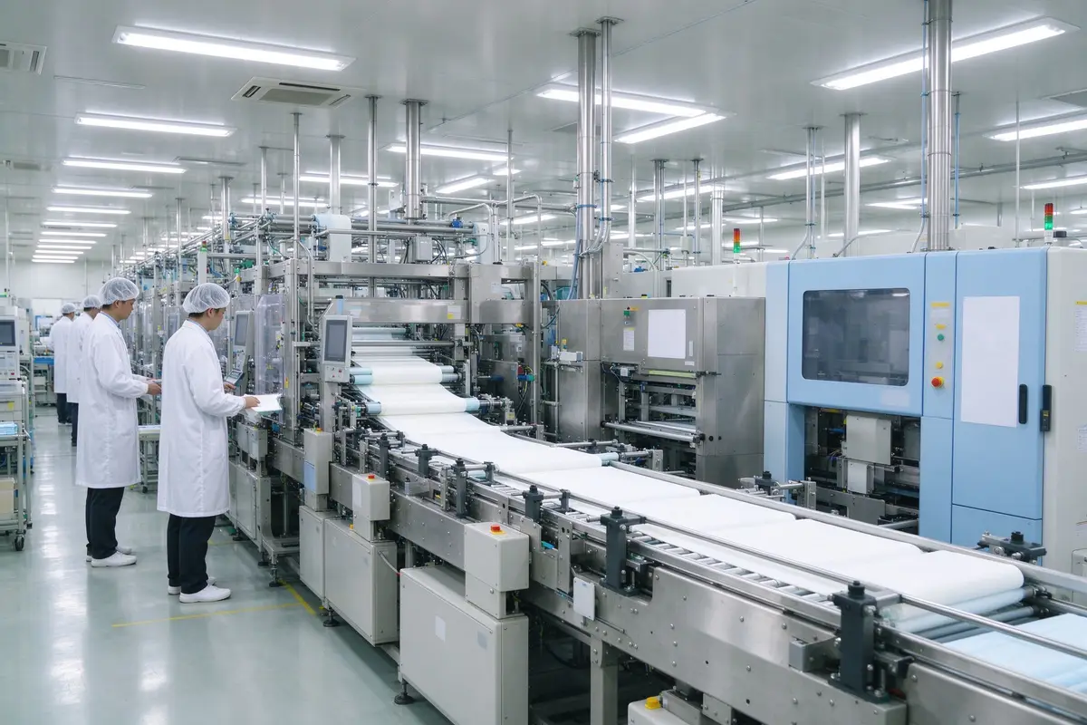 Clean automated Japanese baby diaper production line with technicians in white coats monitoring quality