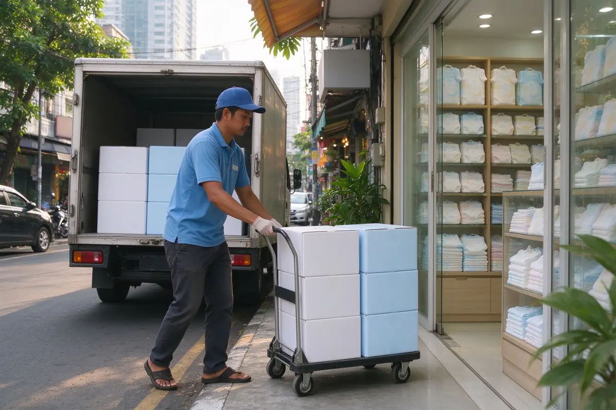 Delivery worker unloading plain diaper cartons from a box truck into a neighbourhood baby shop in Indonesia