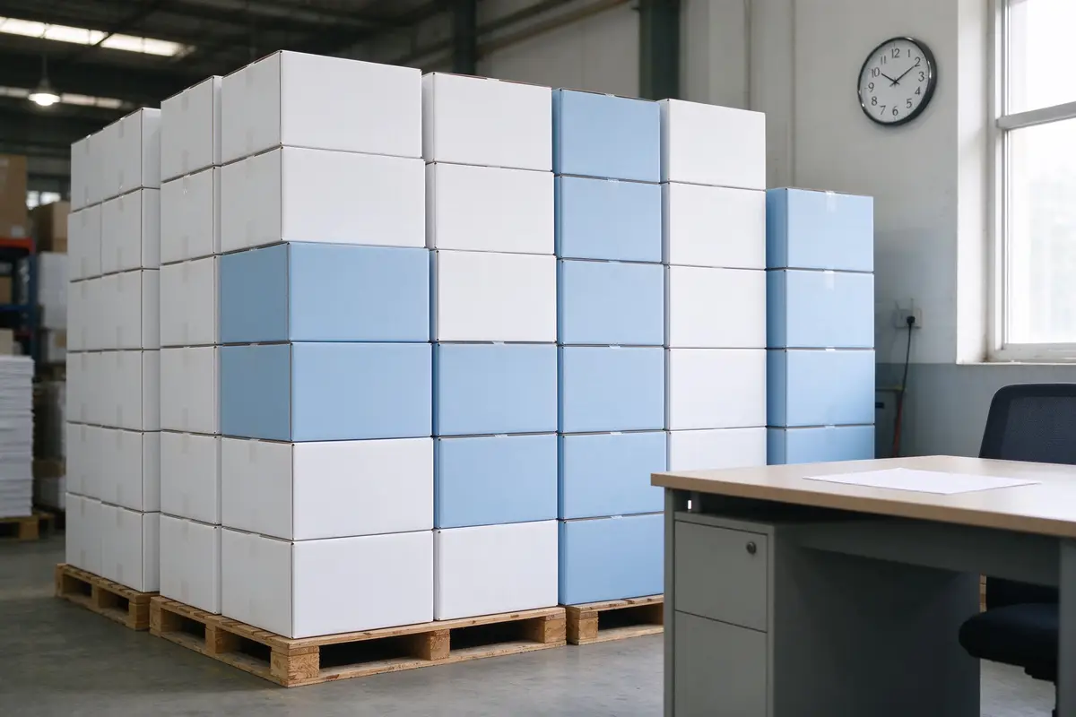 Plain export cartons of baby diapers stacked on pallets in a warehouse beside a clock and blank shipping papers