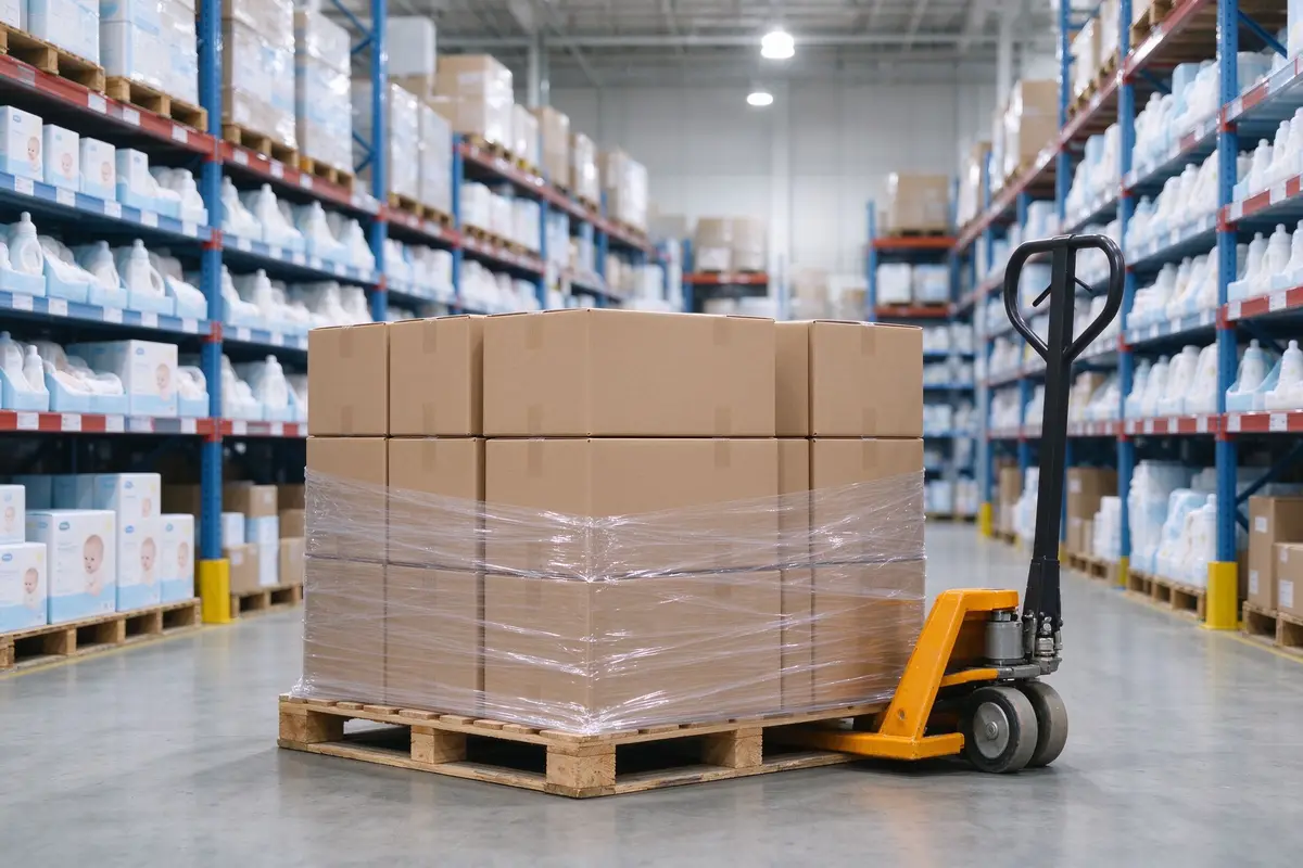 Export cartons of baby diapers stacked on a pallet in a wholesale warehouse