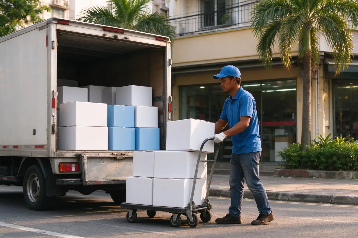 Delivery worker unloading plain diaper cartons from a box truck outside a sign-free neighborhood shop in the Philippines