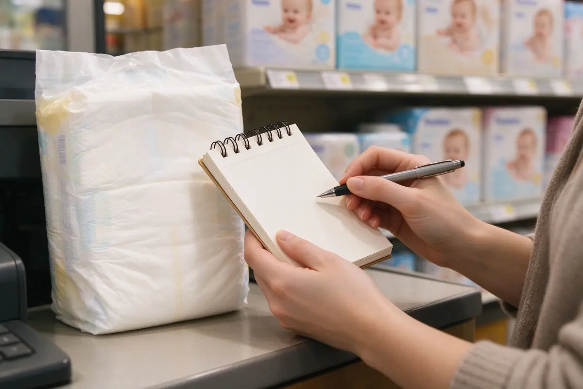 Packed cartons of baby diapers on a pallet in a distribution warehouse