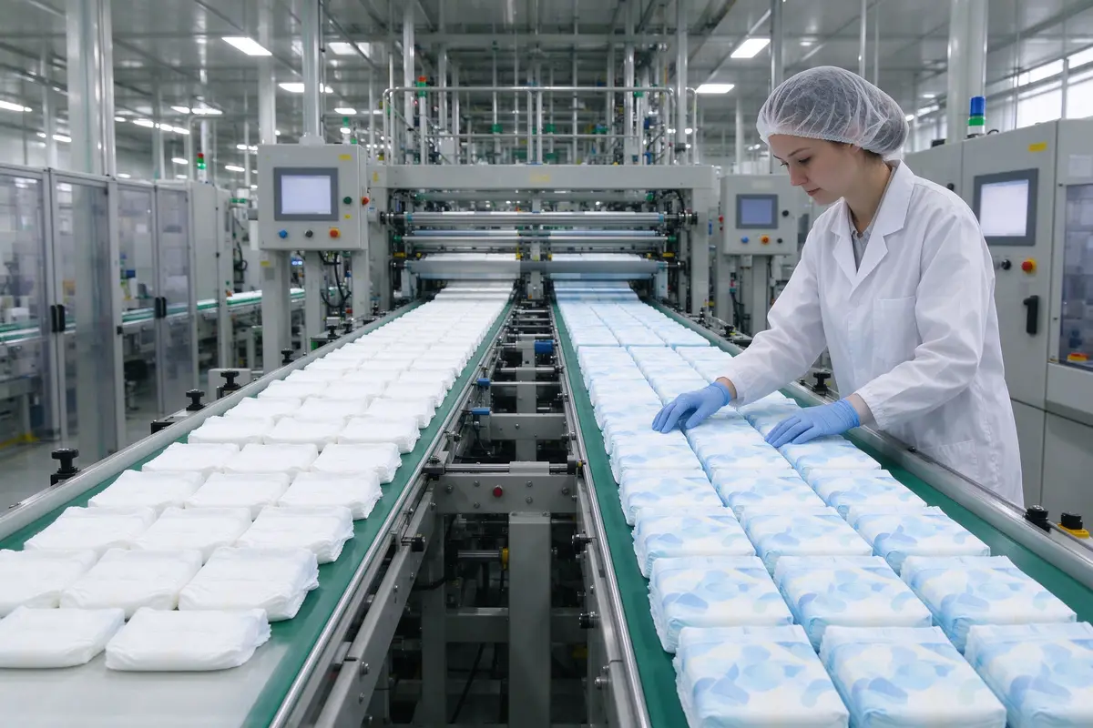 Clean automated diaper production line with plain unbranded diapers on one side and premium soft-blue diapers on the other