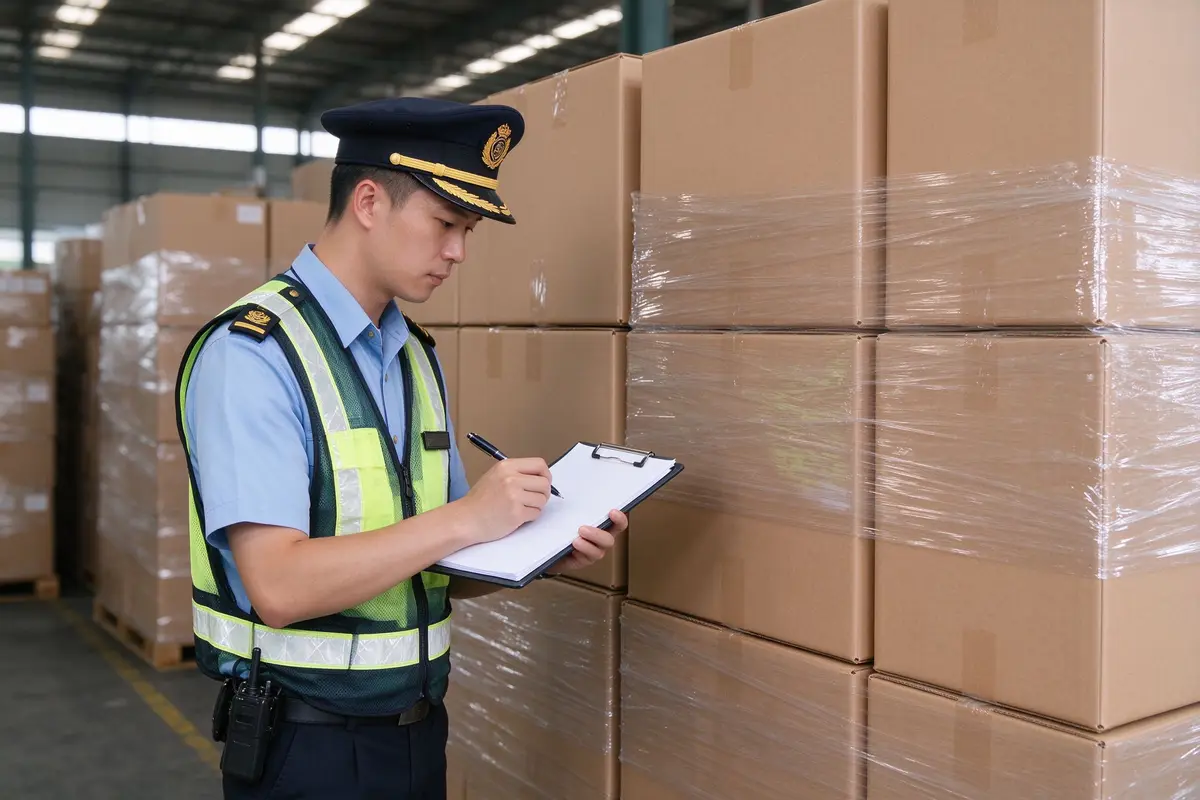 Customs officer inspecting stacked plain export cartons with a blank clipboard