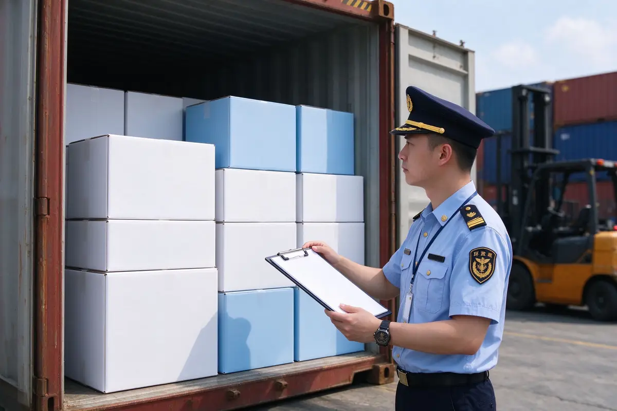 Customs officer with a blank clipboard inspecting plain diaper cartons inside an open shipping container at a port