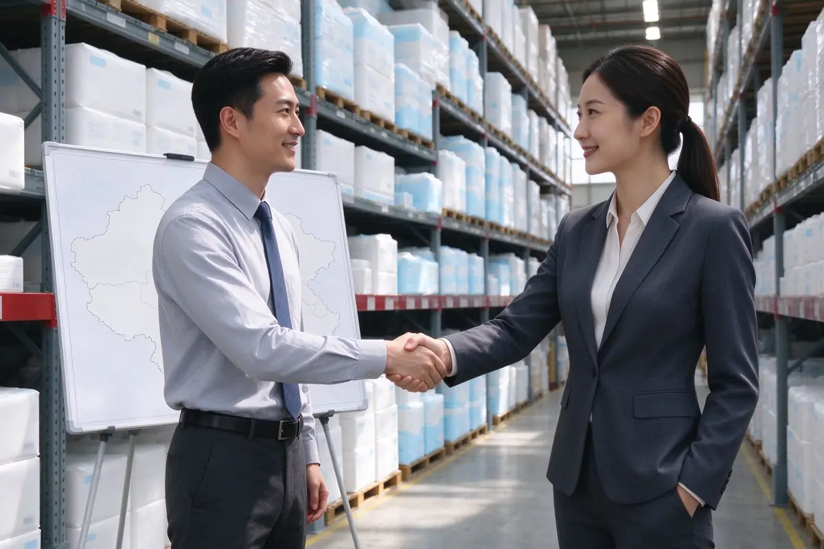 Two business people shaking hands in a warehouse aisle of plain diaper cartons beside a blank territory map