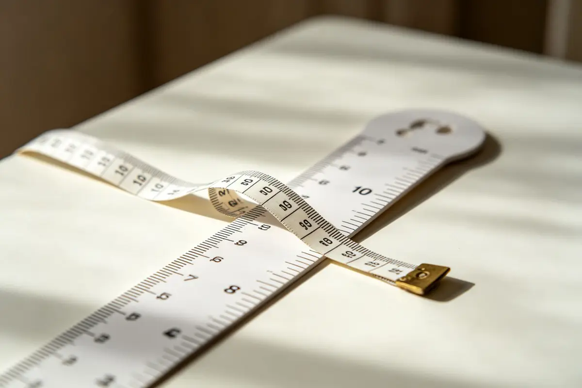 Baby growth chart and measuring tape on table