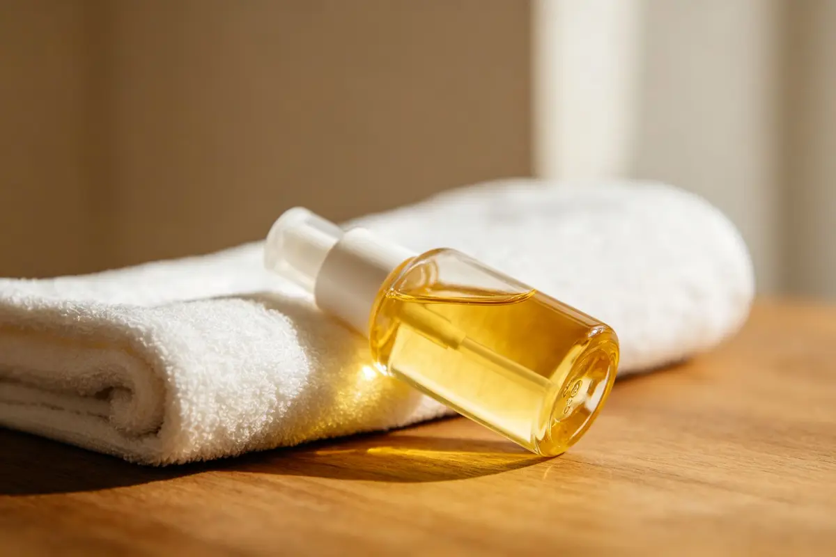 Baby massage oil bottle and soft towel on wooden table