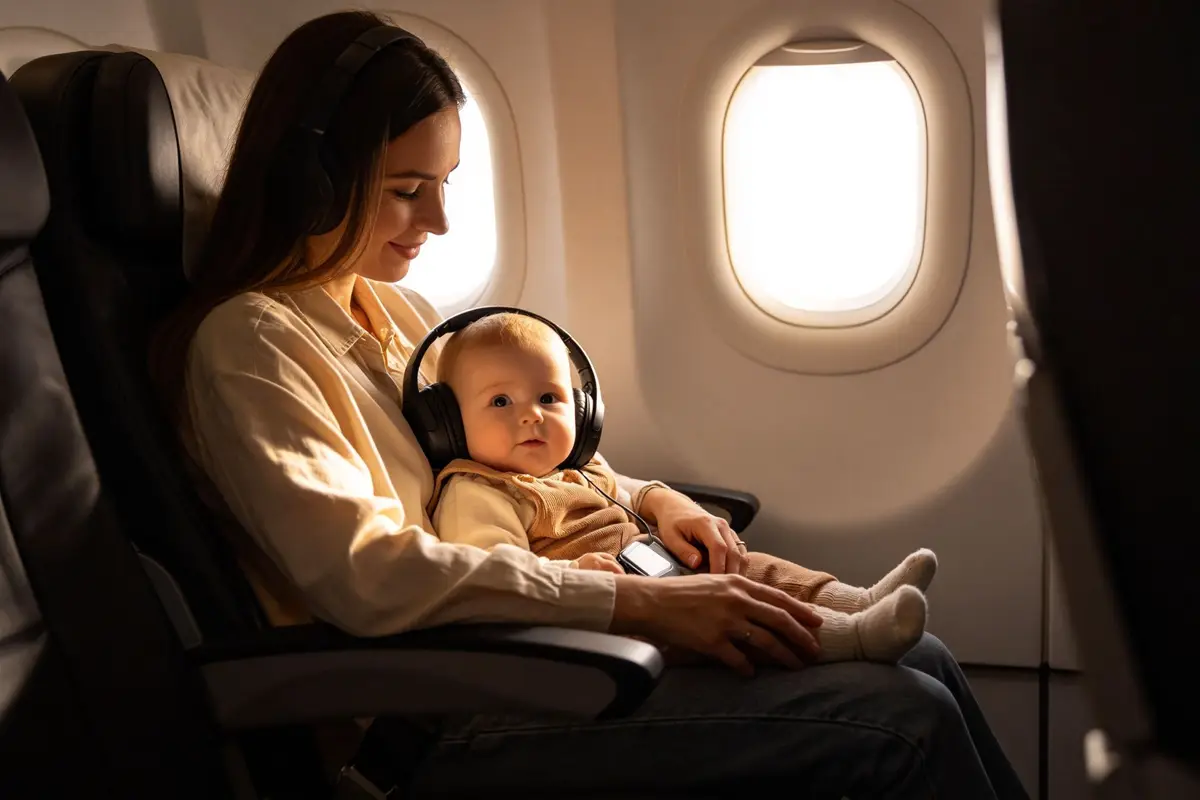 Baby sitting in airplane seat with mother