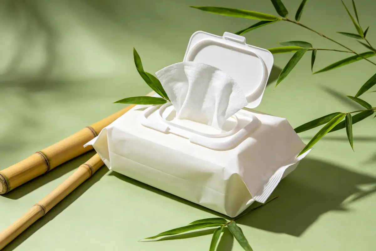 Biodegradable baby wipes with bamboo and green leaves