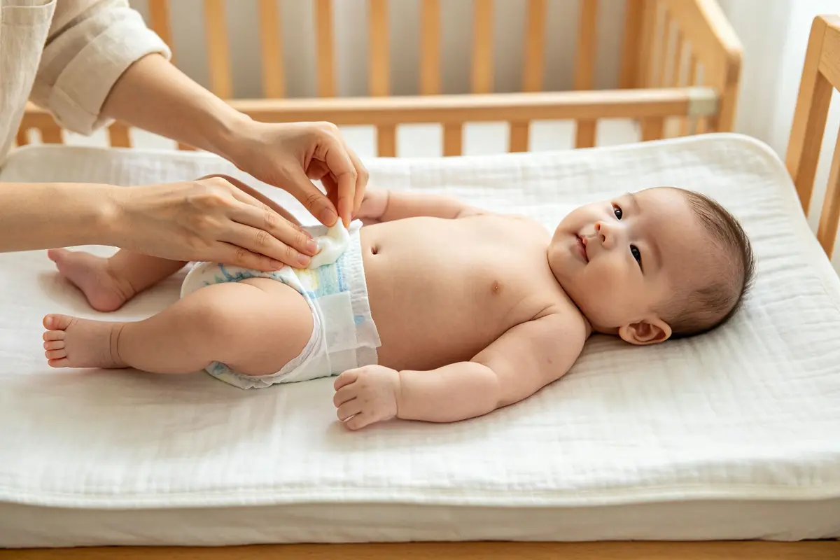 Mother applying diaper rash cream during diaper change