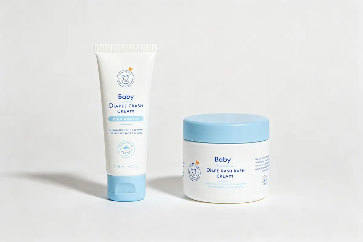 Baby diaper rash cream tube and jar with zinc oxide