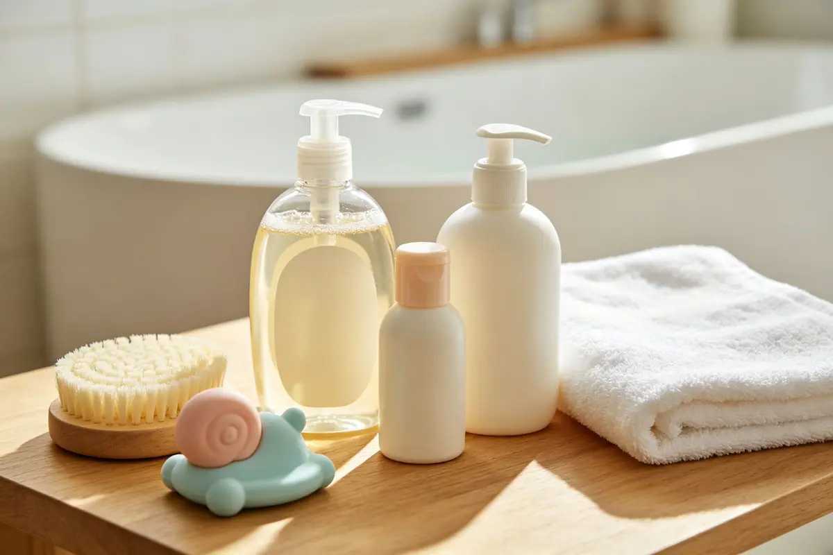 Baby bath products: shampoo, body wash, lotion, towel on wooden table