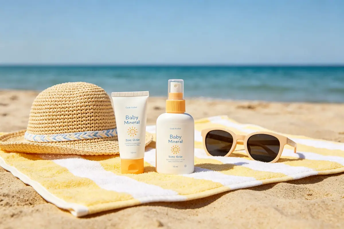 Baby mineral sunscreen tube and bottle with sun hat on beach