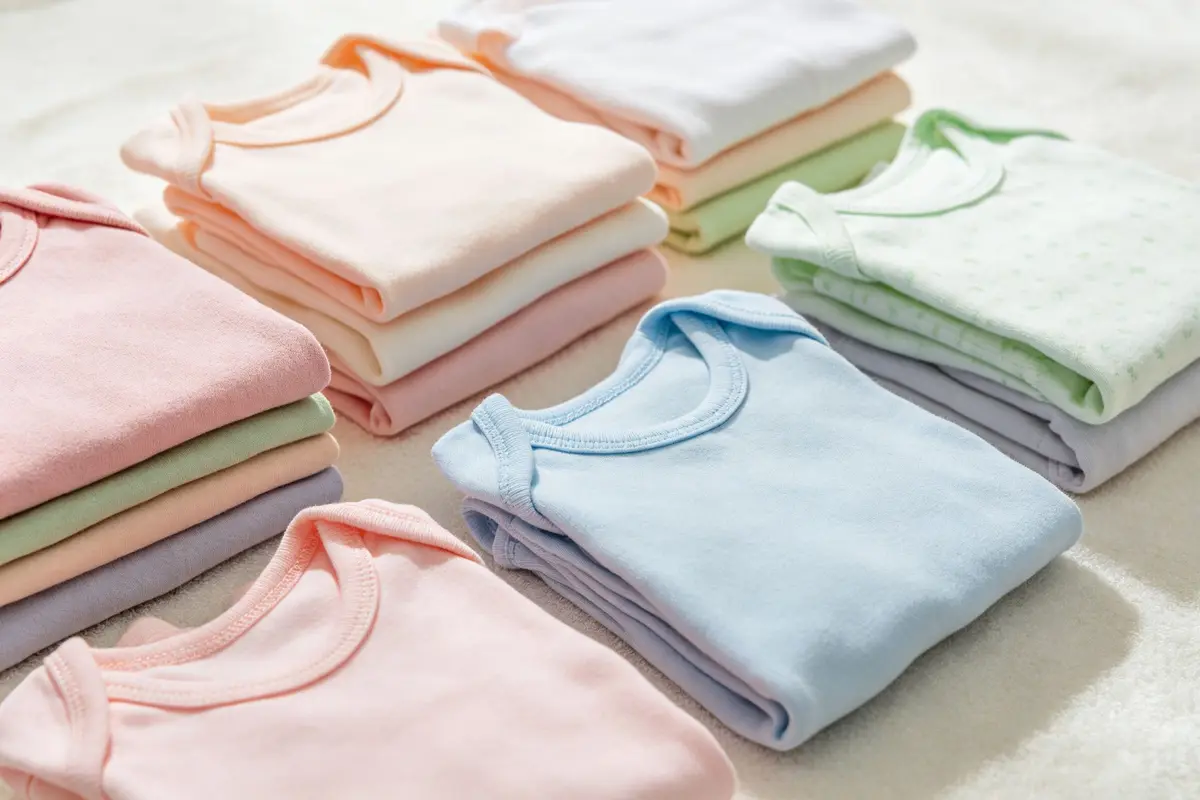 Clean folded baby clothes in pastel colors