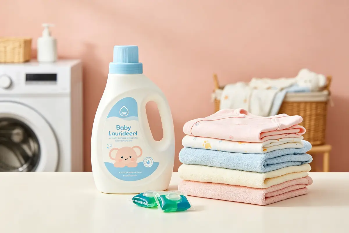 Baby laundry detergent bottle and pacs with folded baby clothes