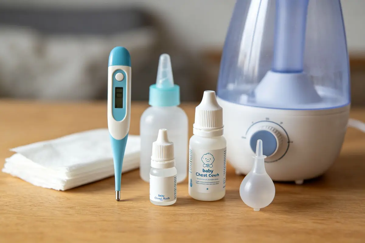Baby cold care essentials: thermometer, saline drops, bulb syringe, humidifier