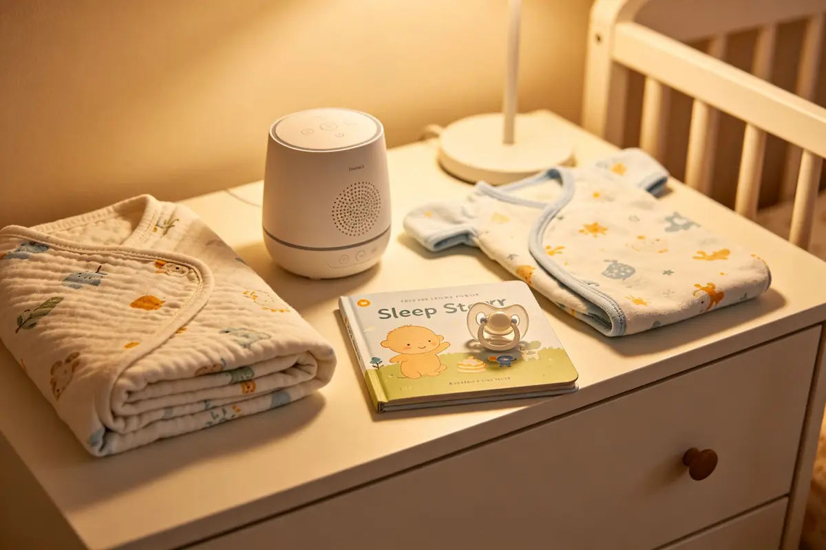 Baby sleep essentials: swaddle, white noise machine, sleep sack, pacifier, bedtime book