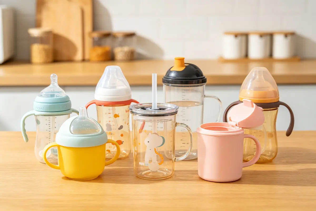 Variety of baby sippy cups: spout, straw, 360, open cup