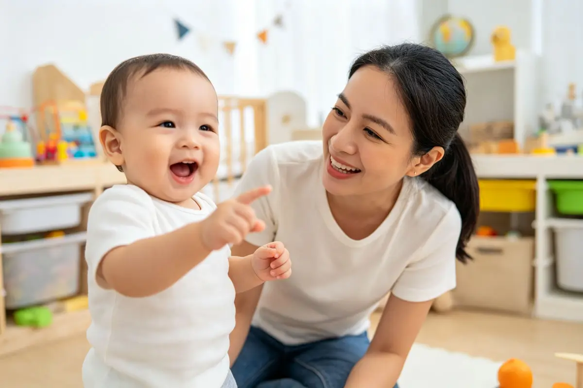 Baby pointing and babbling with mother