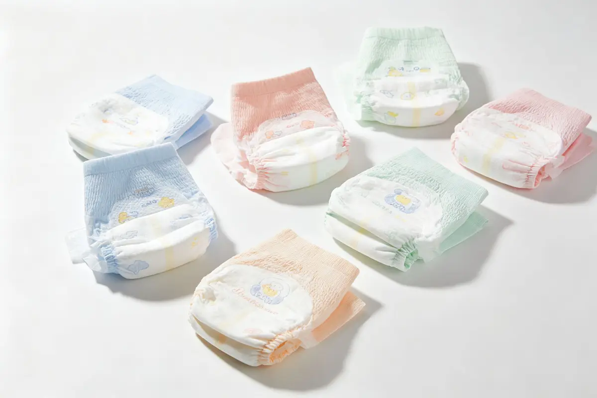Baby diaper pants products displayed on clean white background, multiple packs of pull-up diaper pants in soft pastel colors