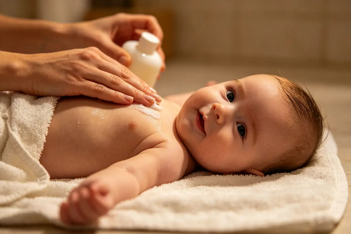 Organic baby skincare products with natural ingredients including aloe vera, chamomile flowers, oats and shea butter on clean white background