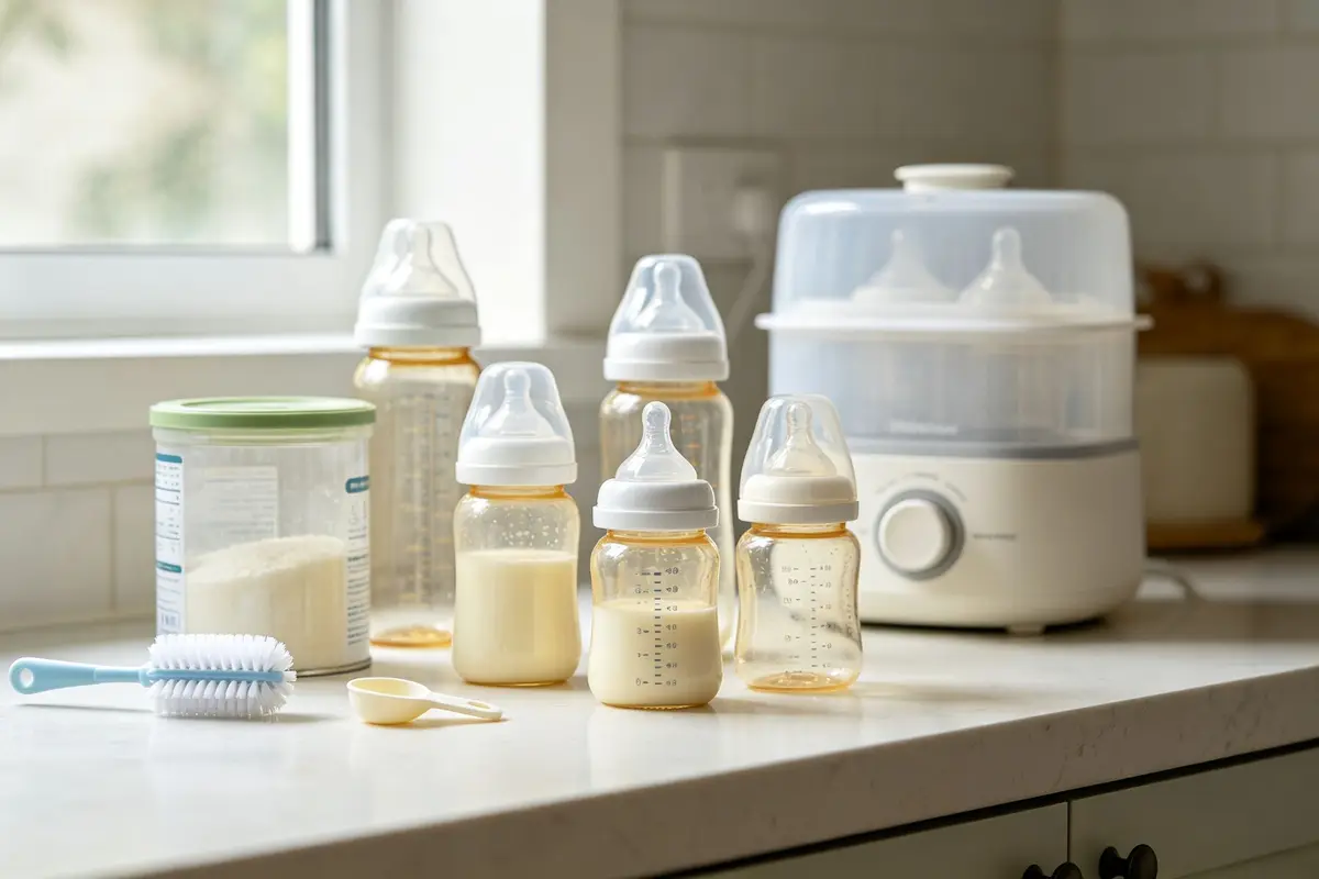 Baby bottle feeding setup on kitchen counter with several baby bottles, formula container, bottle sterilizer and bottle brush