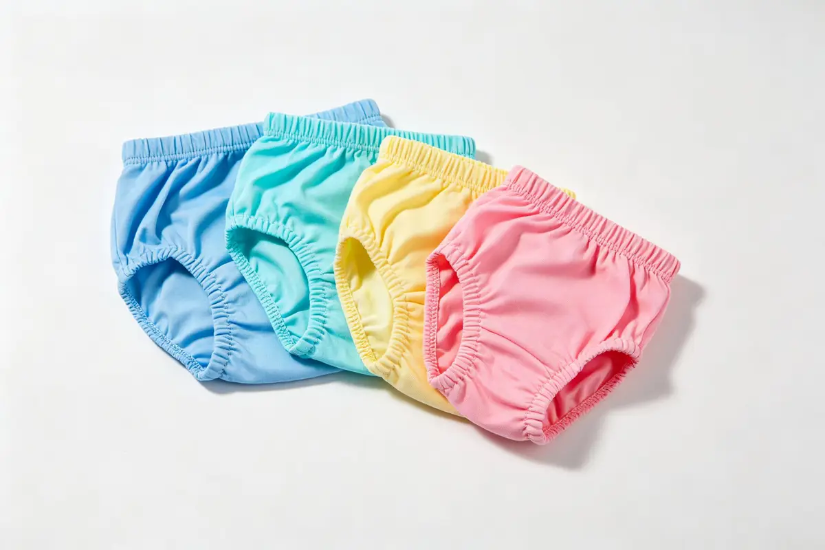 Reusable and disposable baby swim diapers displayed on clean white background, colorful swim diaper pants folded neatly