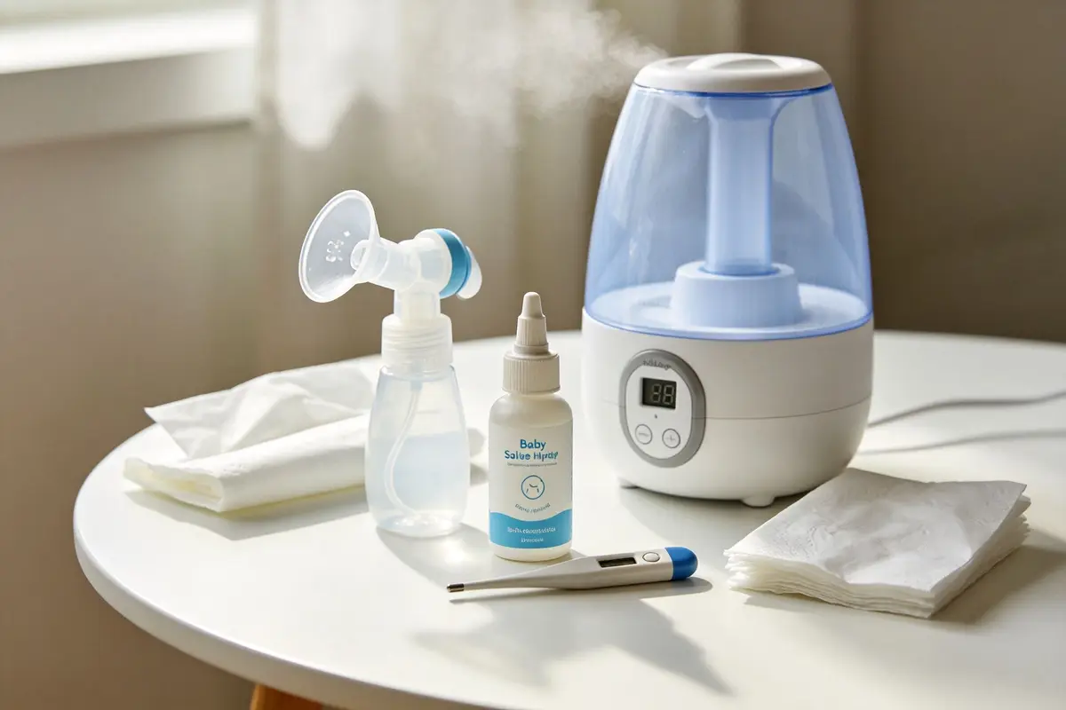 Baby congestion relief items including nasal aspirator, saline spray bottle, cool mist humidifier, digital thermometer and tissues on white table