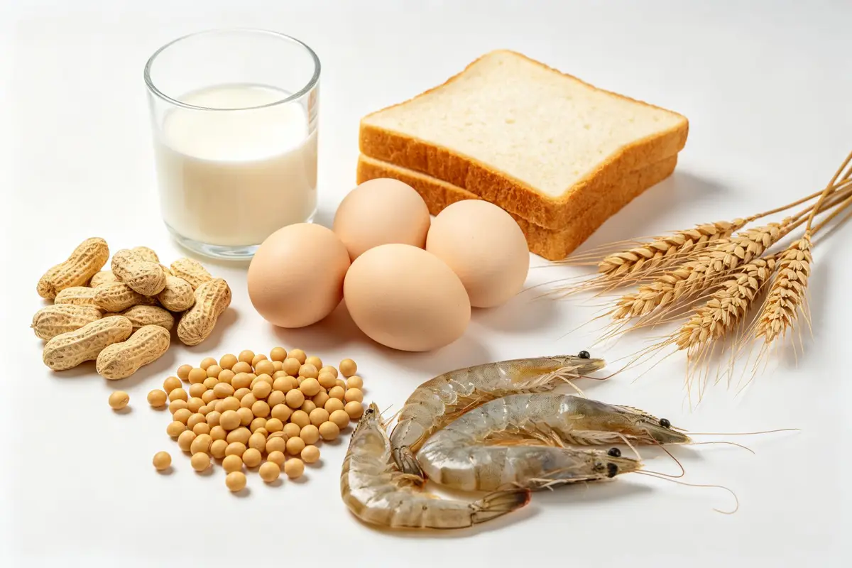 Common allergen foods including peanuts, eggs, milk, bread, soybeans, fish and shrimp for baby allergen introduction