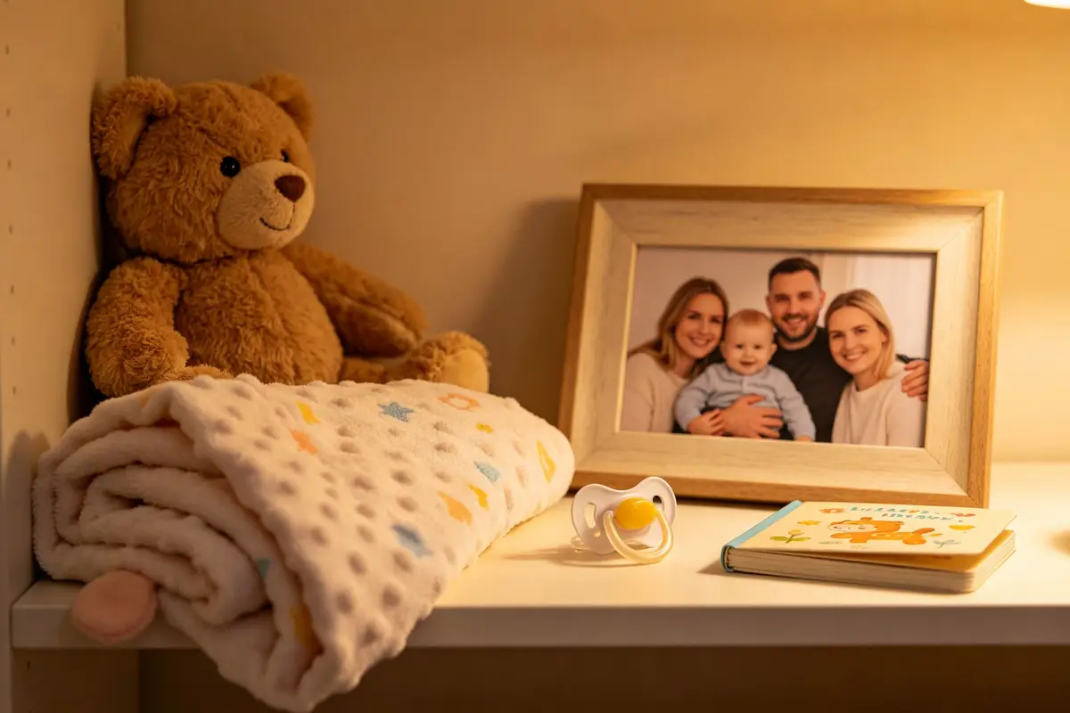 Baby comfort items including teddy bear, security blanket, family photo, pacifier and storybook on a nursery shelf for separation anxiety