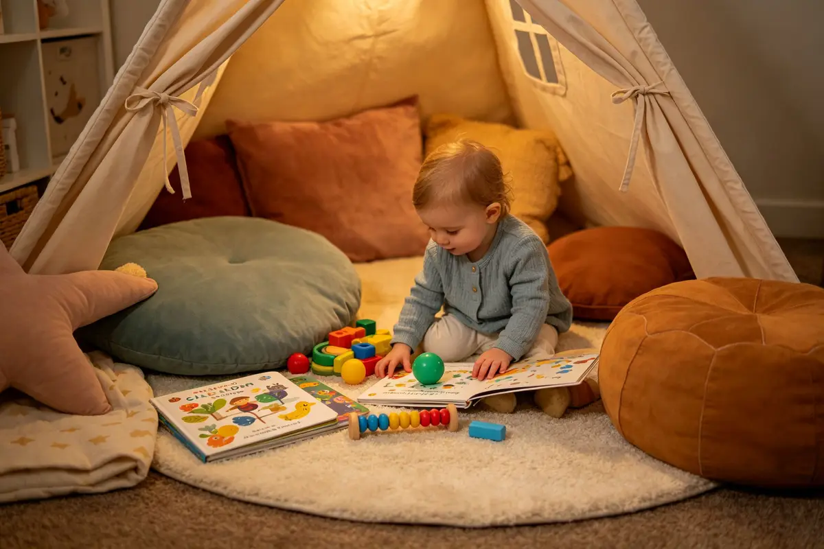 A calm-down corner for toddlers with soft cushions, childrens books, sensory toys and a cozy tent for managing tantrums