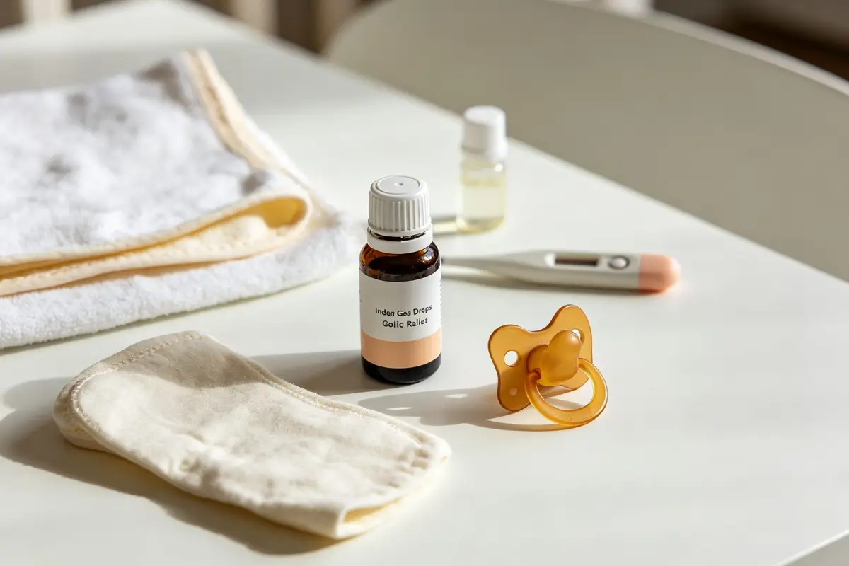 Baby gas and colic relief items including infant gas drops, warm compress cloth, pacifier, burp cloth and thermometer on a white table