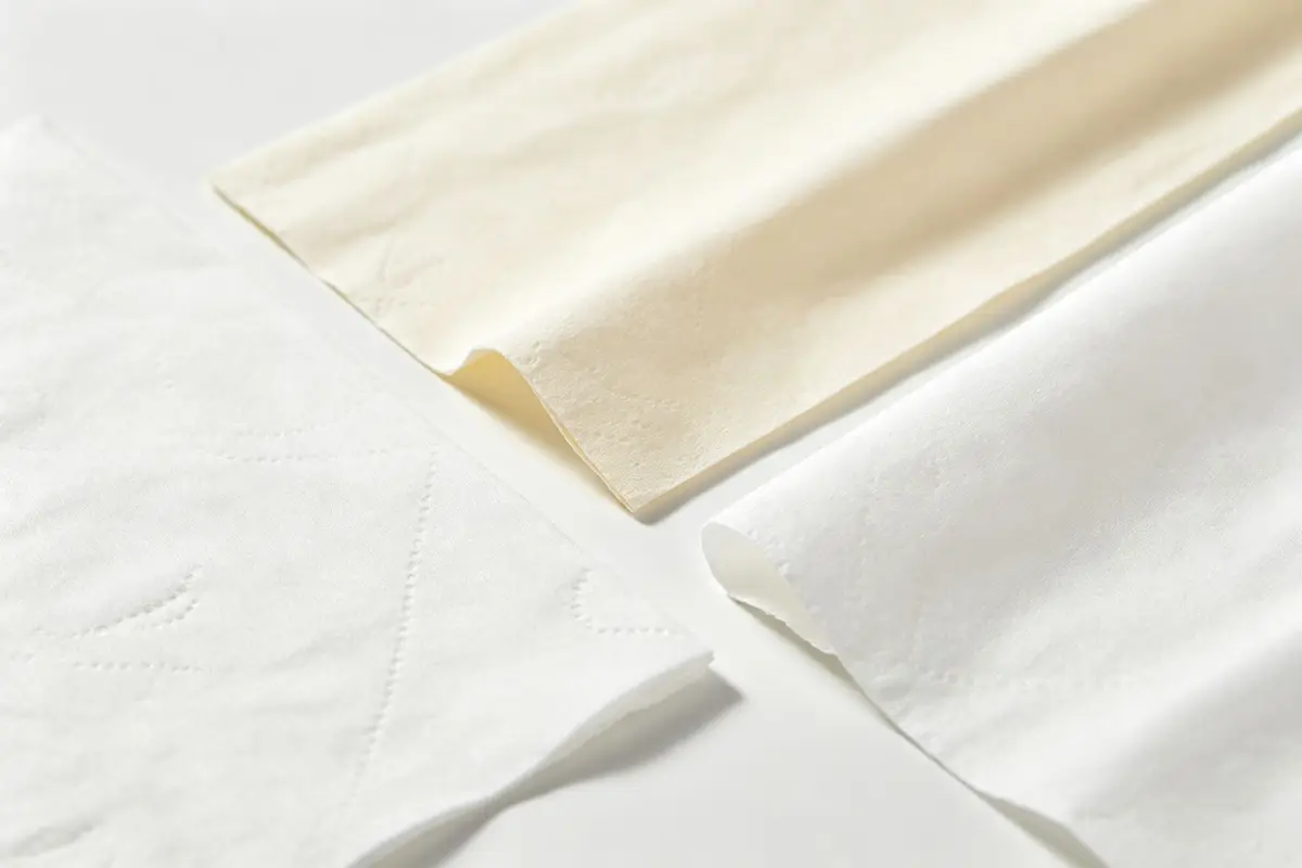 Different types of facial tissue arranged for comparison: bamboo tissue, recycled tissue, and virgin pulp tissue, soft white and cream colors, texture visible