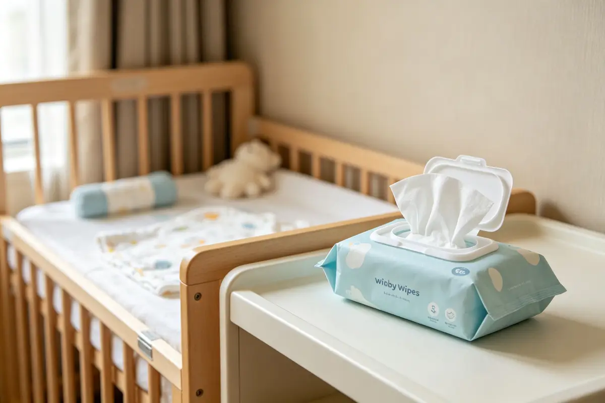 Bulk baby wipes packages stacked in a warehouse distribution center, commercial wholesale setting, cardboard boxes with baby care products