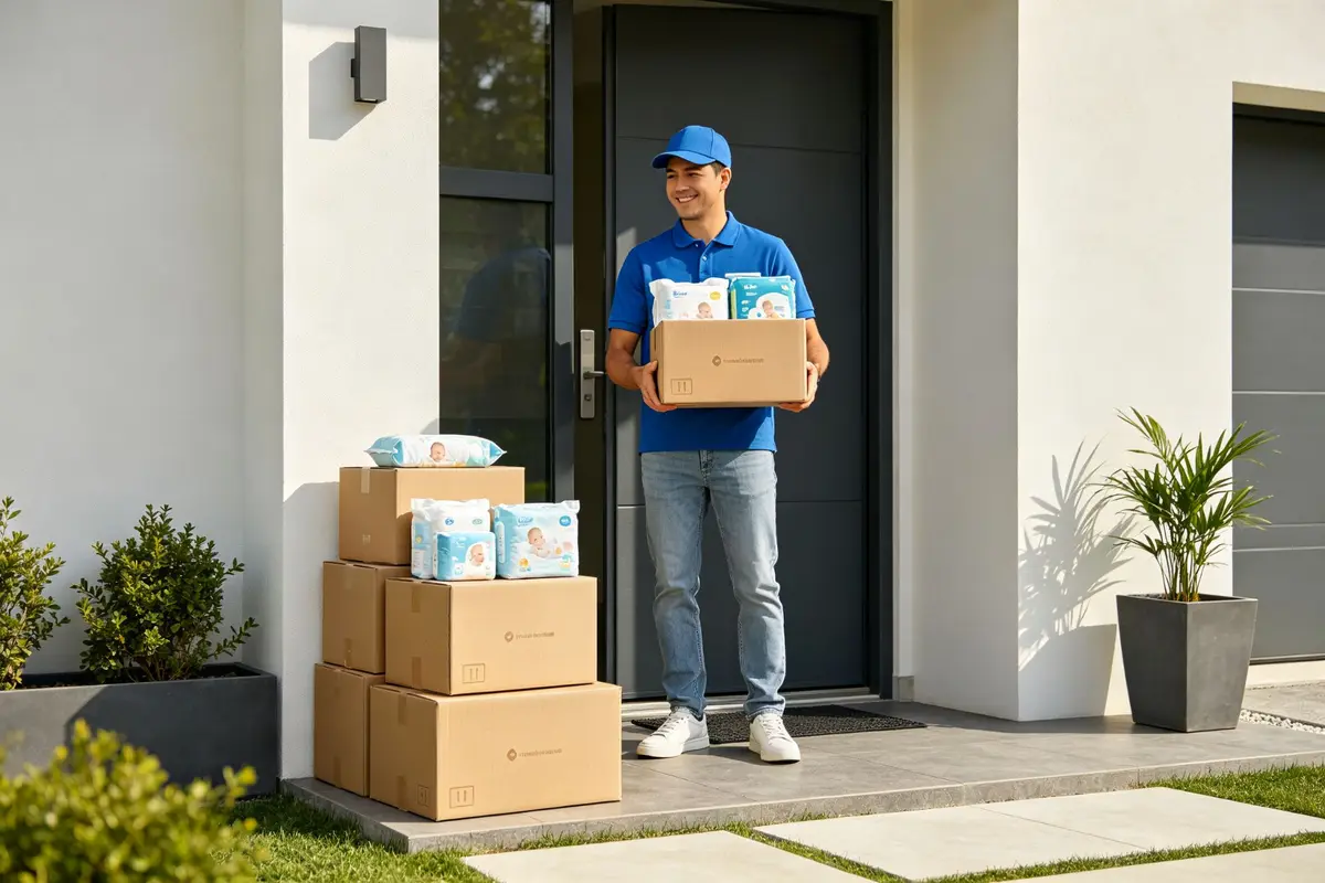 Monthly diaper delivery boxes stacked with baby products at doorstep, delivery person holding package, modern home, subscription service concept