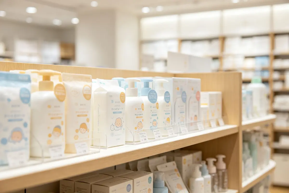 Clean organized baby store shelves displaying Japanese baby care products, minimalist presentation, bright lighting, premium retail environment