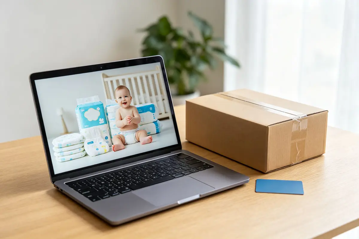 Online shopping for baby diapers: laptop screen showing baby products, delivery box with diapers, credit card, modern home desk, e-commerce concept
