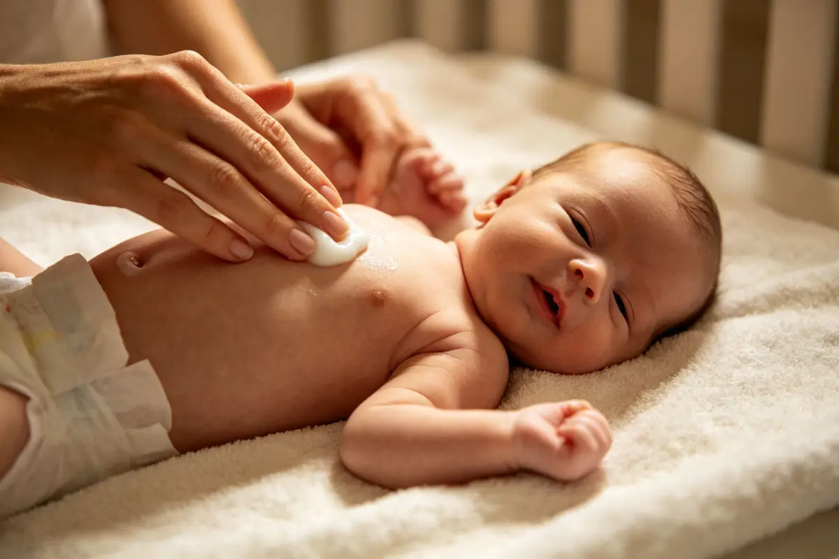 Mother gently applying baby lotion to newborn lying on soft towel, warm nursery lighting, tender skincare moment