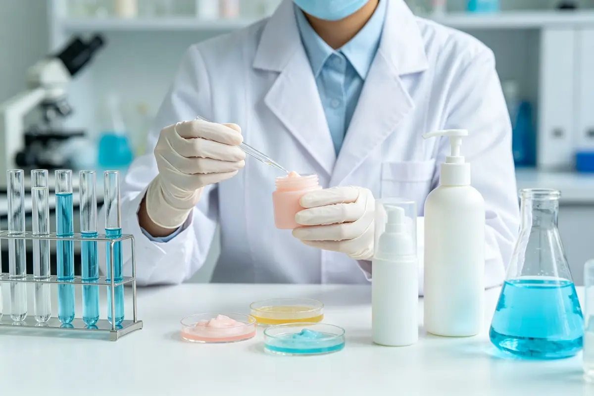 Laboratory scientist testing baby skincare products, white coat and gloves, test tubes and petri dishes, skincare samples, quality control safety testing environment