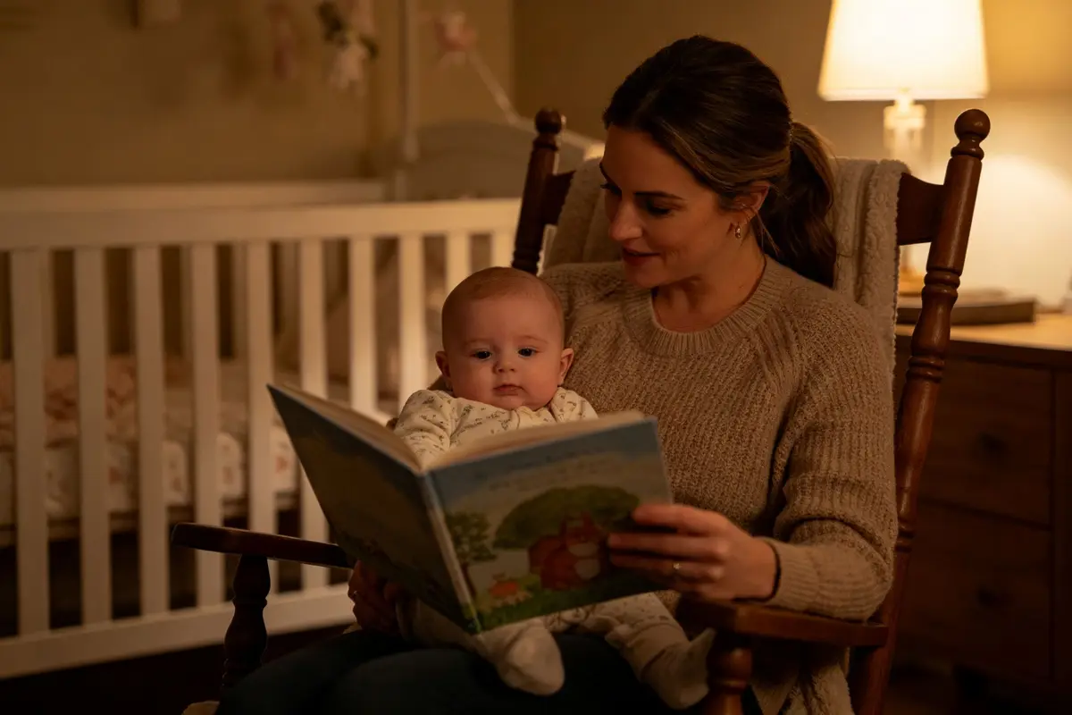 Mother reading a bedtime storybook to baby in rocking chair, dim warm nursery lighting, tender bedtime routine moment