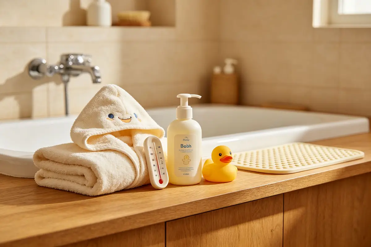 Baby bath essentials arranged on wooden counter: soft hooded towel, gentle baby wash, bath thermometer, rubber duck, non-slip bath mat, warm bathroom