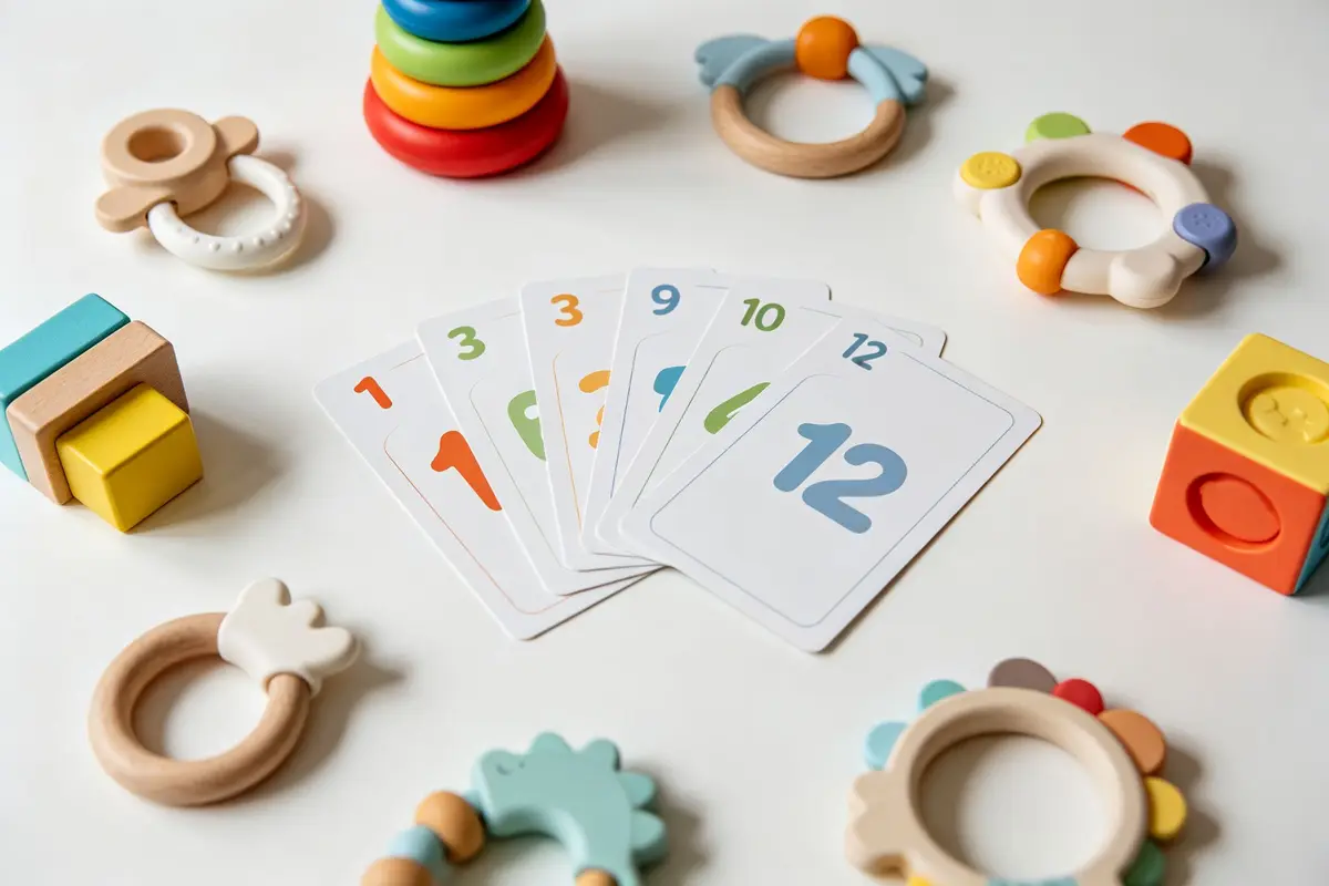 Baby developmental milestone cards numbered 1 through 12 with soft baby toys, stacking rings, soft blocks, rattle, arranged on white surface