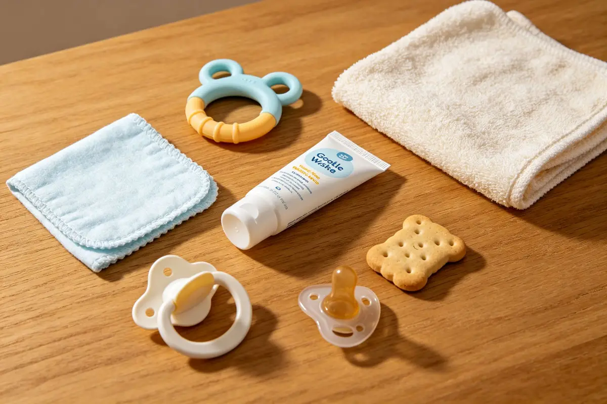Baby teething relief essentials arranged on wooden table: silicone teething rings, cold wet washcloth, gentle gum gel, pacifier, teething biscuit, soft cloth