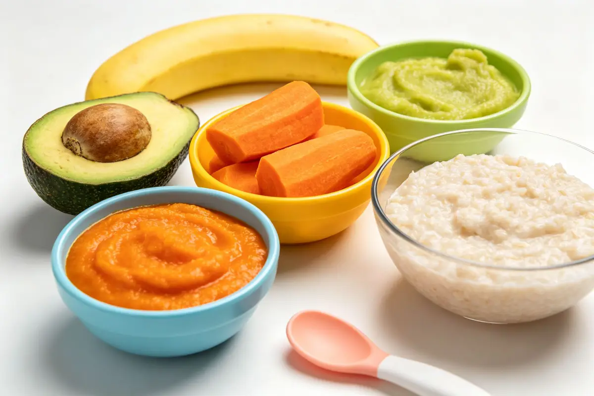 Baby first solid foods arranged on white table: pureed carrots, sweet potato, avocado, banana, rice cereal, baby spoon, small colorful bowls