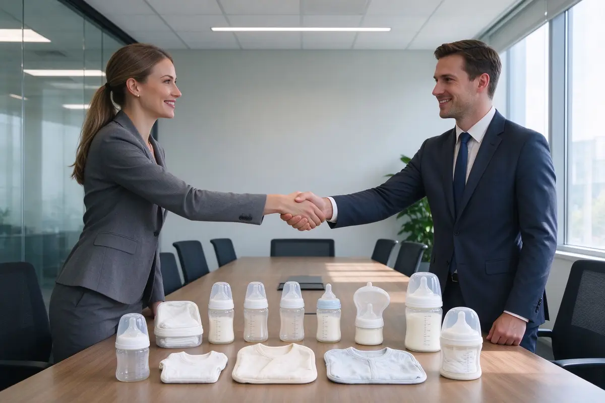 Two business people shaking hands across a table with baby product samples in a modern office